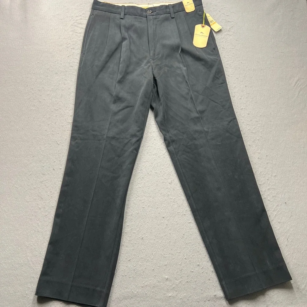 Tommy Bahama Grayston Silk Bamboo Pants Mens 33x32 Black Herringbone Pleated NWT